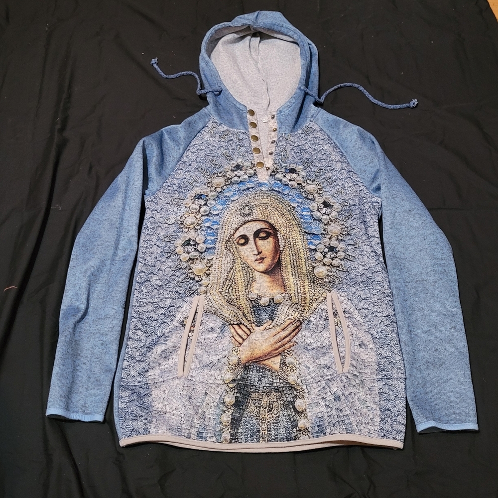Women Religious Madonna Icon Print Hooded Sweatshirt  Size L
